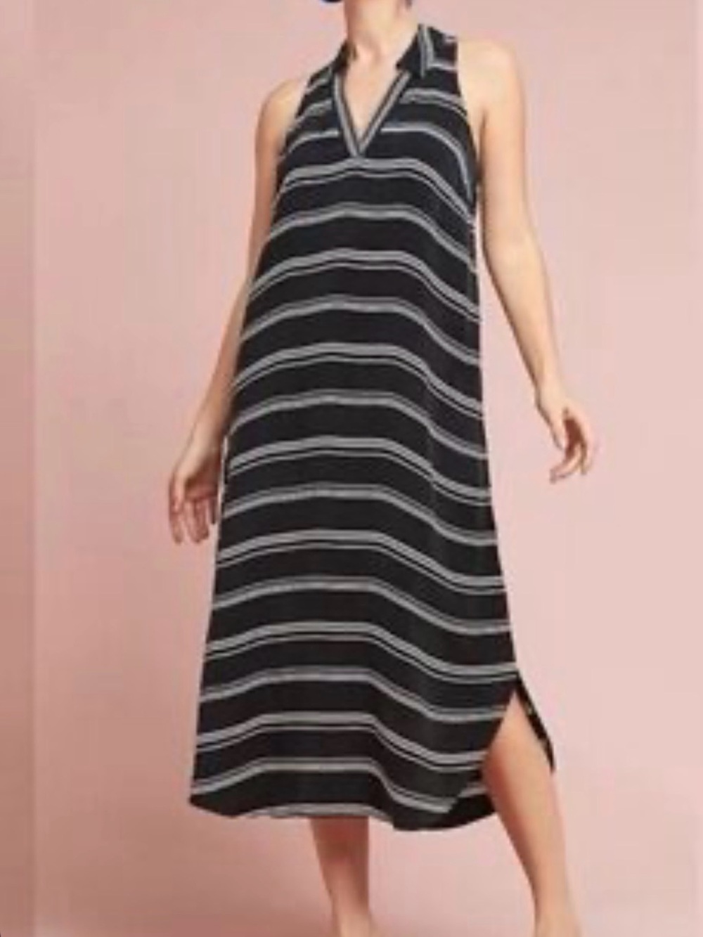 Anthropologie Black & White Semi Sheer Collared Striped Halter-Style Midi Dres